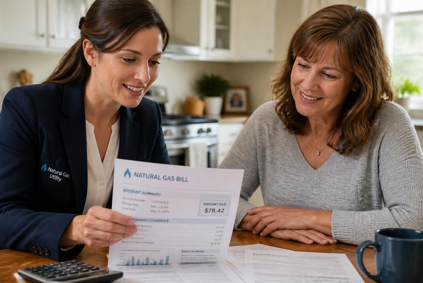 A professional consultant reviewing a natural gas bill with a smiling homeowner at her kitchen table