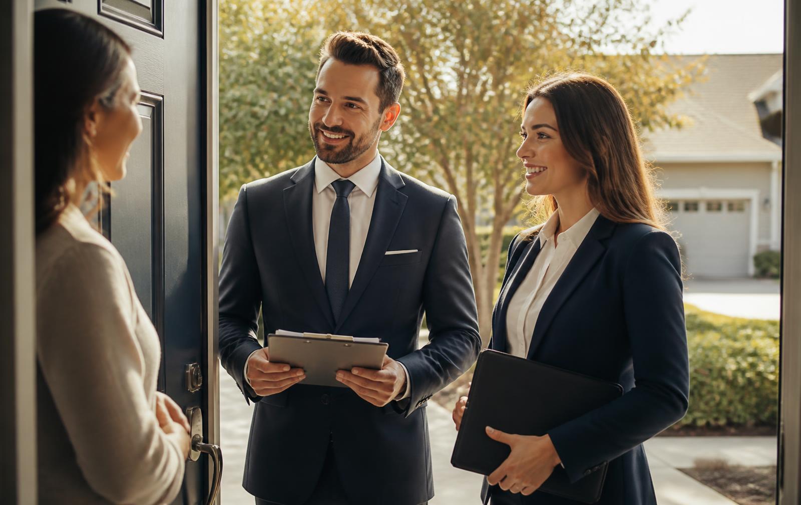Two well-dressed Gomez Marketing representatives with a clipboard speaking with a happy homeowner at her front door