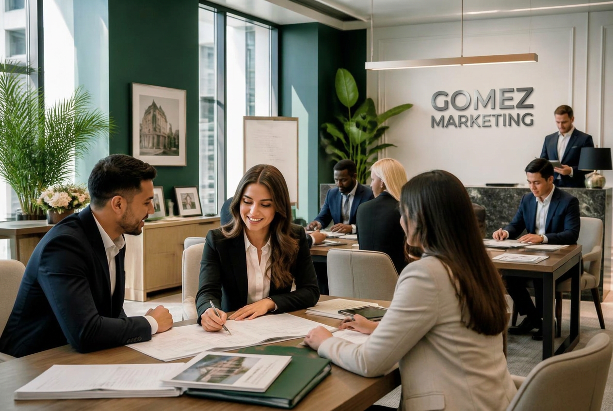 Professionally dressed Gomez Marketing consultants reviewing paperwork with clients in a modern office