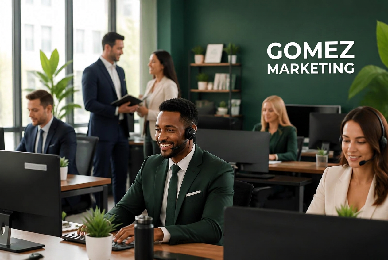 Well-dressed Gomez Marketing consultants working at computers and on headsets in a modern office